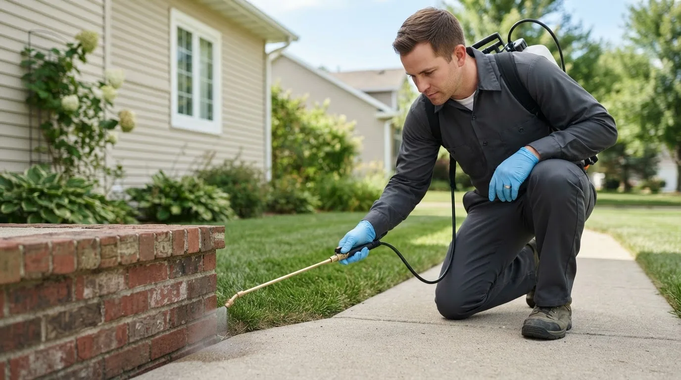 Pest control technician treating a home near West Davenport, NY