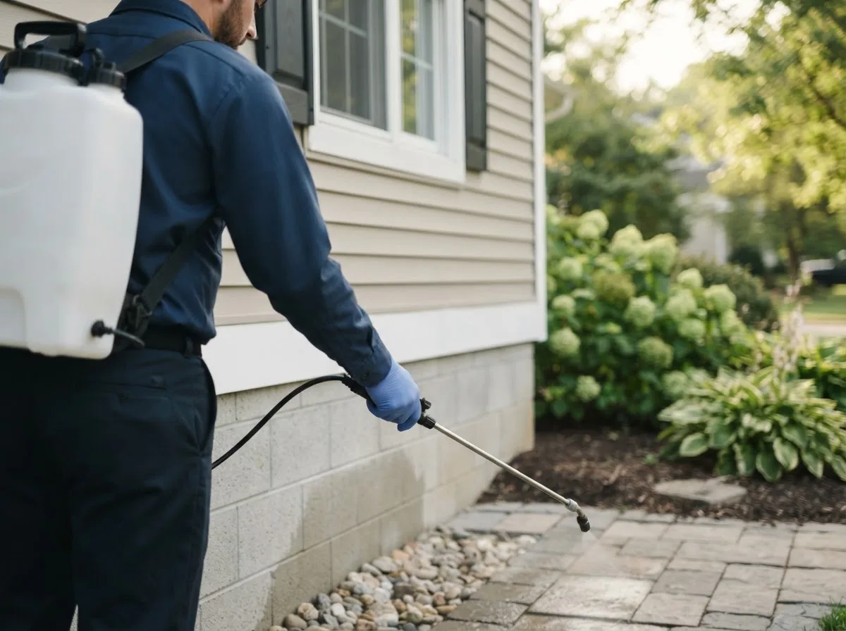 Pest control technician inspecting a home in West Davenport, NY
